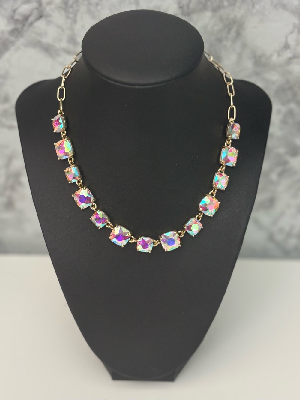 AB Rectangle glass link necklace with lobster claw closure. - Picture 4 of 5